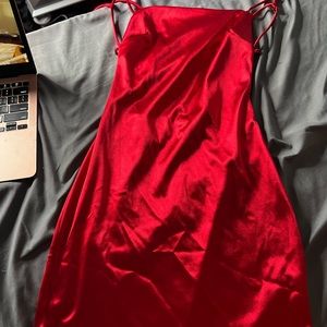 satin red opened back dress